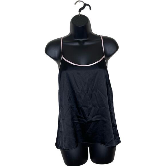 VICTORIA'S SECRET Black Shiny Satin Pink Trim Racer Back Tank Slip‎ Top Sz M NEW - Picture 1 of 9